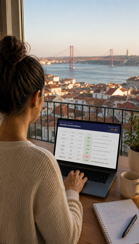 Portugal vs U.S. costs spreadsheet on laptop with view of Lisbon